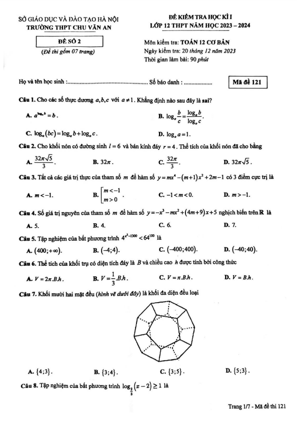 Đề học kì 1 Toán 12 năm 2023 – 2024 trường THPT Chu Văn An – Hà Nội