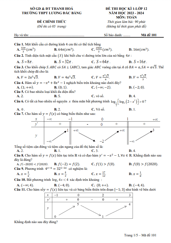 Đề học kì 1 Toán 12 năm 2023 – 2024 trường THPT Lương Đắc Bằng – Thanh Hóa