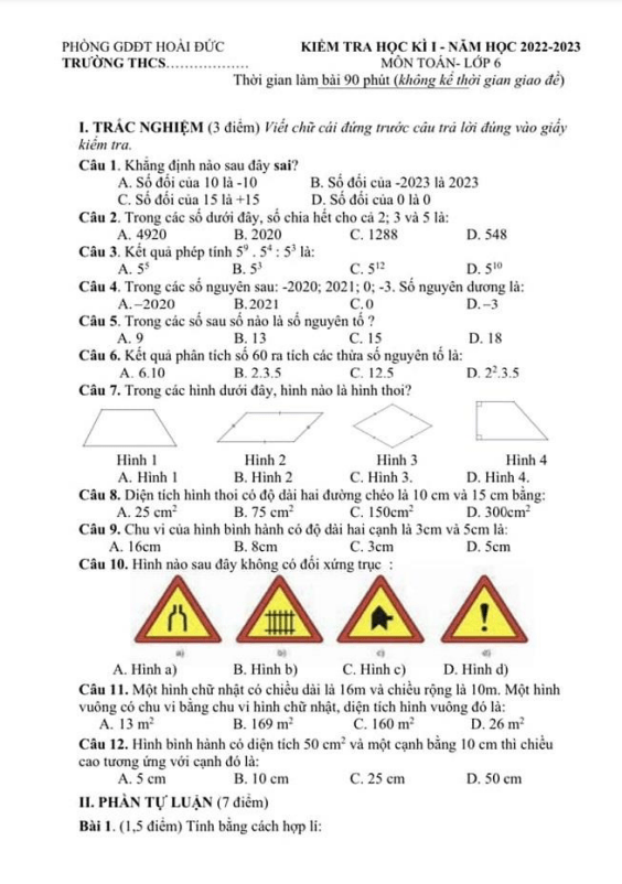 Đề học kì 1 Toán 6 năm 2022 – 2023 phòng GD&ĐT Hoài Đức – Hà Nội