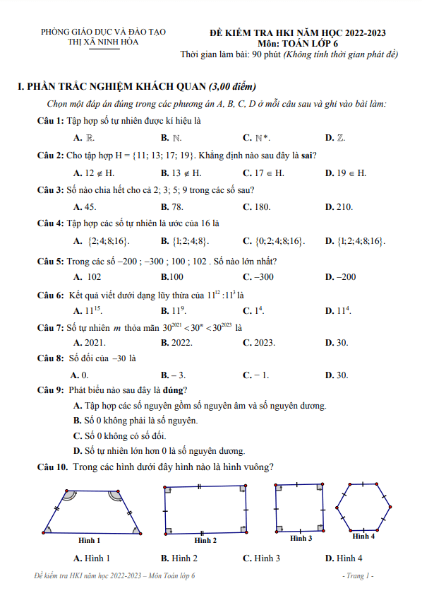 Đề học kì 1 Toán 6 năm 2022 – 2023 phòng GD&ĐT Ninh Hòa – Khánh Hòa