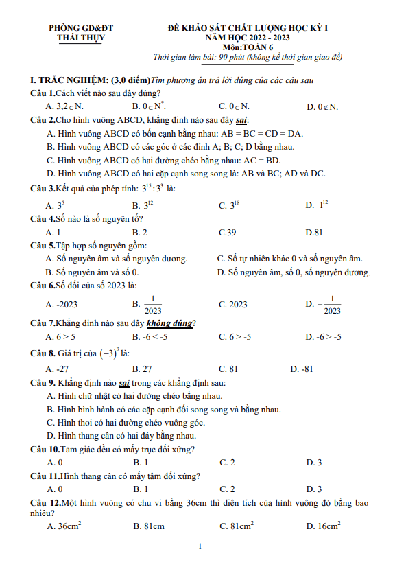 Đề học kì 1 Toán 6 năm 2022 – 2023 phòng GD&ĐT Thái Thụy – Thái Bình