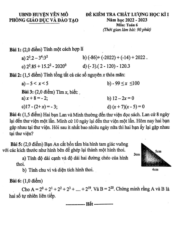 Đề học kì 1 Toán 6 năm 2022 – 2023 phòng GD&ĐT Yên Mô – Ninh Bình