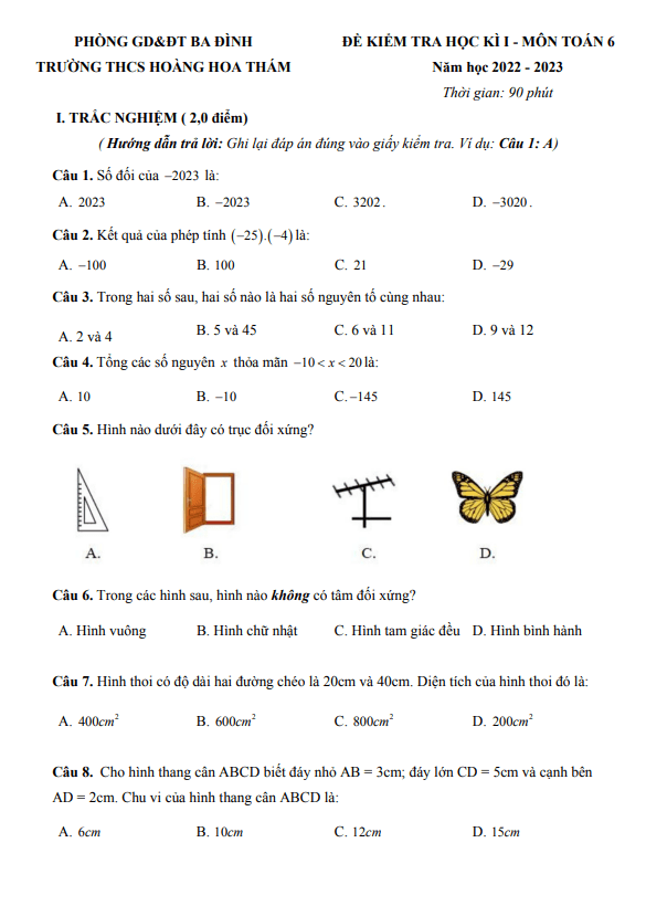 Đề học kì 1 Toán 6 năm 2022 – 2023 trường THCS Hoàng Hoa Thám – Hà Nội