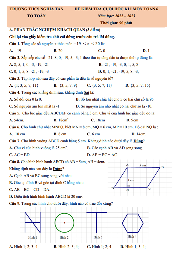 Đề học kì 1 Toán 6 năm 2022 – 2023 trường THCS Nghĩa Tân – Hà Nội