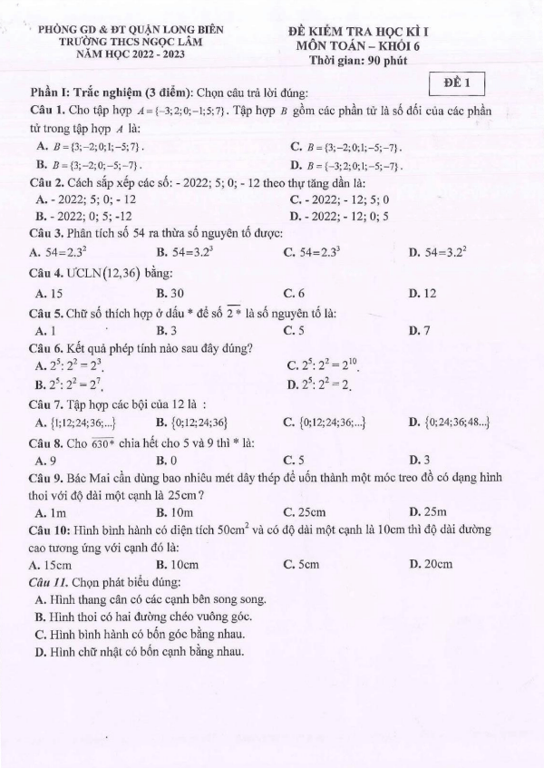 Đề học kì 1 Toán 6 năm 2022 – 2023 trường THCS Ngọc Lâm – Hà Nội