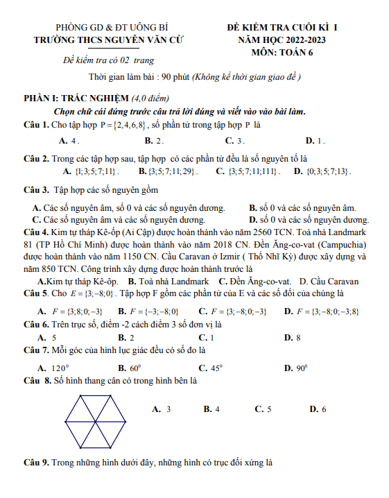 Đề học kì 1 Toán 6 năm 2022 – 2023 trường THCS Nguyễn Văn Cừ – Quảng Ninh