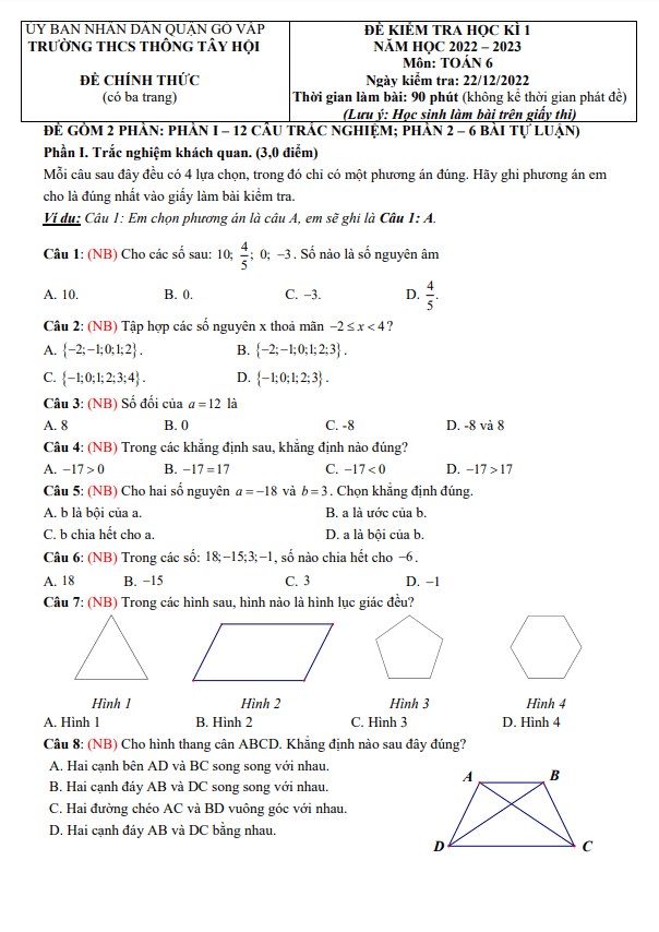 Đề học kì 1 Toán 6 năm 2022 – 2023 trường THCS Thông Tây Hội – TP HCM