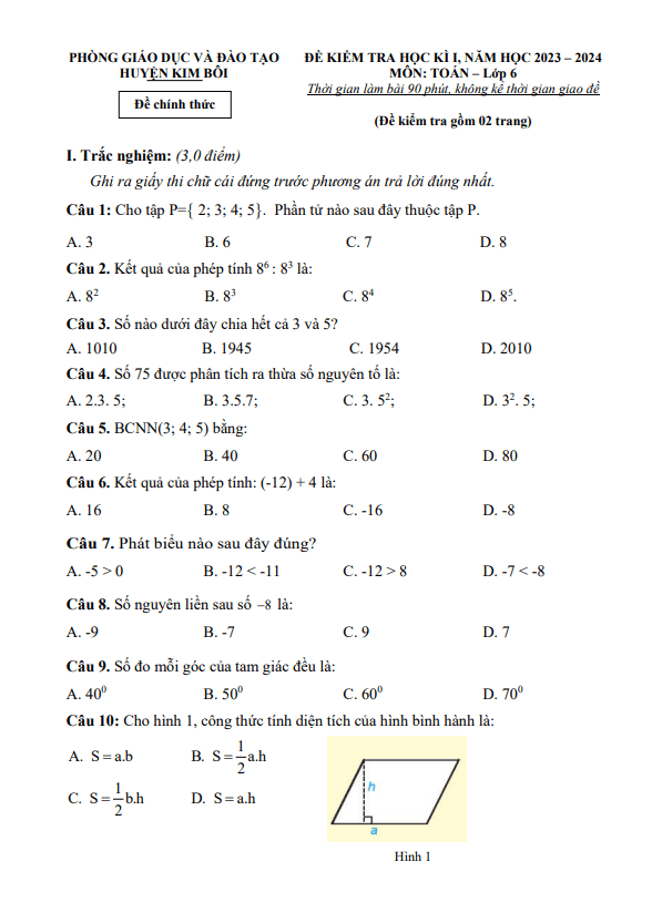 Đề học kì 1 Toán 6 năm 2023 – 2024 phòng GD&ĐT Kim Bôi – Hòa Bình