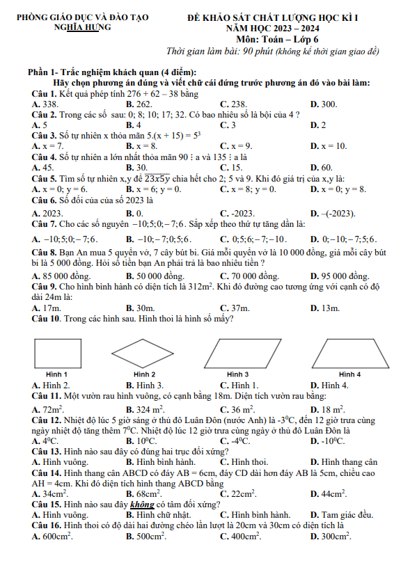Đề học kì 1 Toán 6 năm 2023 – 2024 phòng GD&ĐT Nghĩa Hưng – Nam Định