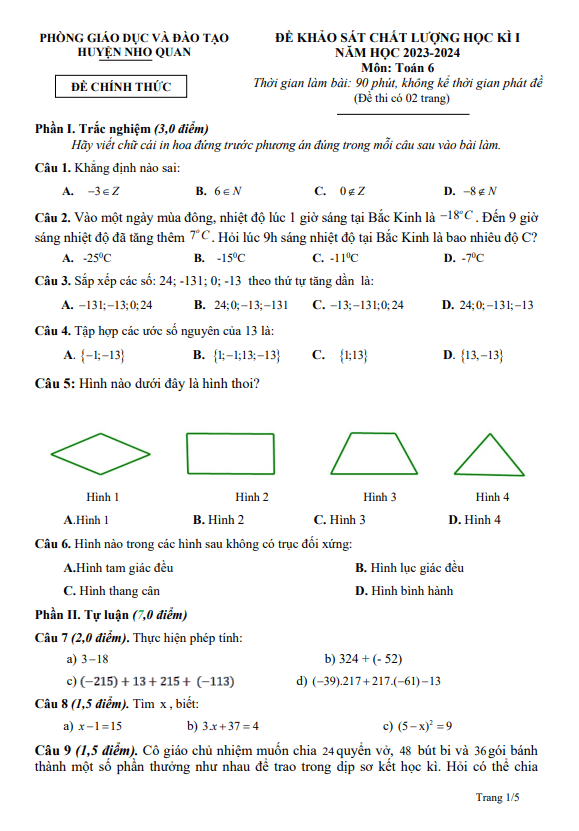 Đề học kì 1 Toán 6 năm 2023 – 2024 phòng GD&ĐT Nho Quan – Ninh Bình