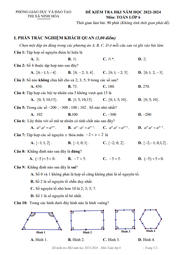 Đề học kì 1 Toán 6 năm 2023 – 2024 phòng GD&ĐT Ninh Hòa – Khánh Hòa