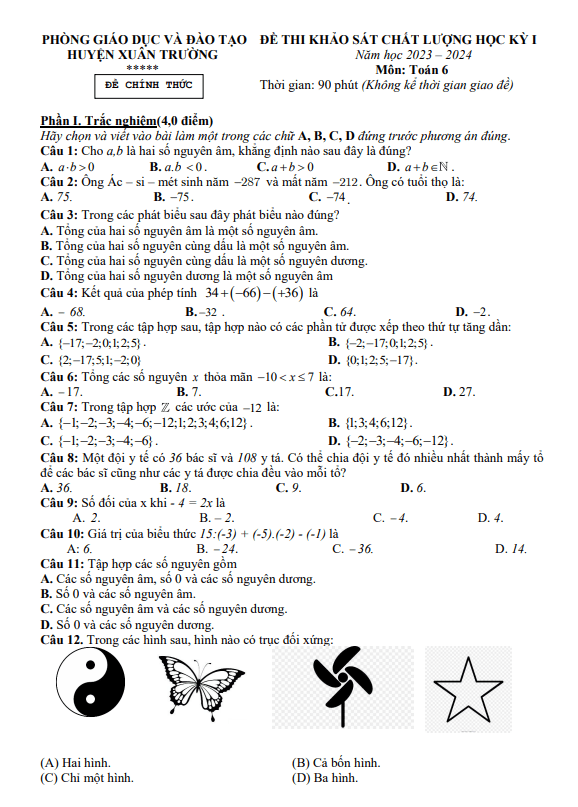 Đề học kì 1 Toán 6 năm 2023 – 2024 phòng GD&ĐT Xuân Trường – Nam Định