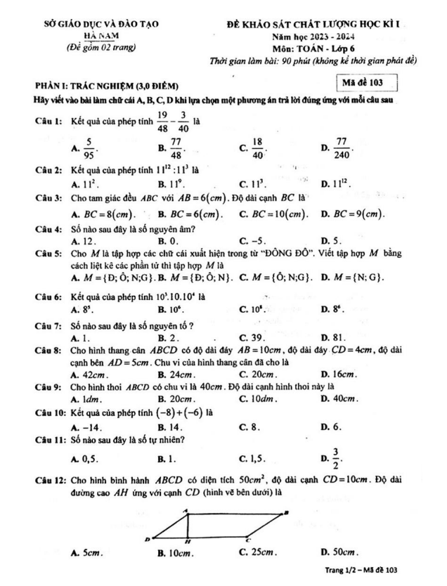 Đề học kì 1 Toán 6 năm 2023 – 2024 sở GD&ĐT Hà Nam