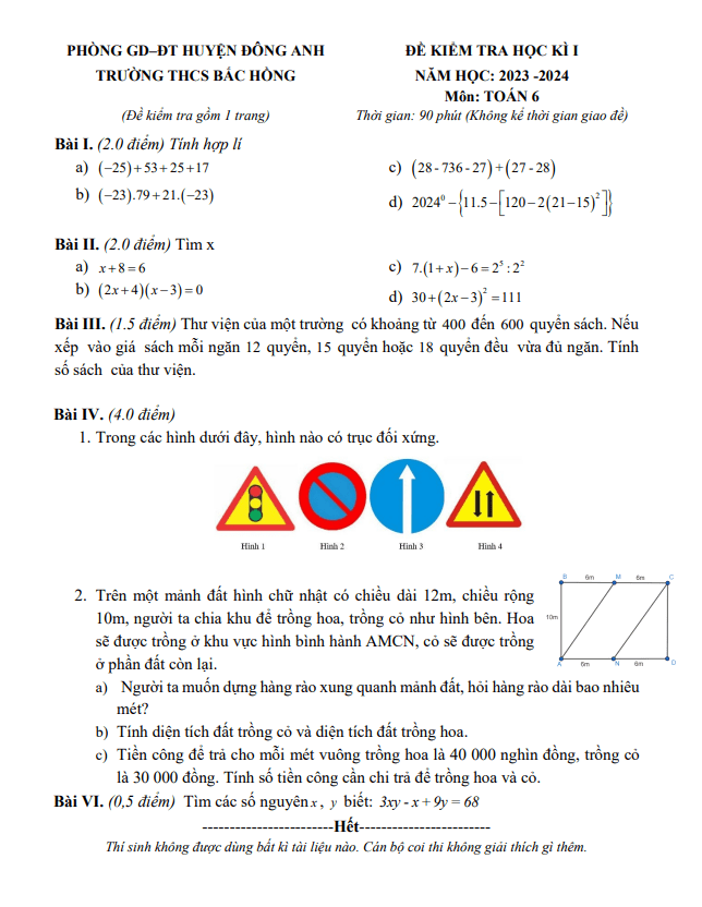 Đề học kì 1 Toán 6 năm 2023 – 2024 trường THCS Bắc Hồng – Hà Nội