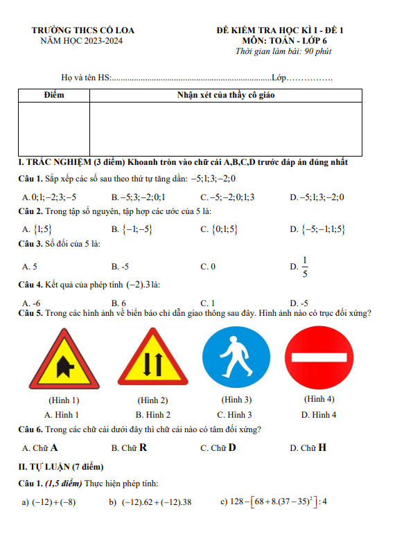 Đề học kì 1 Toán 6 năm 2023 – 2024 trường THCS Cổ Loa – Hà Nội