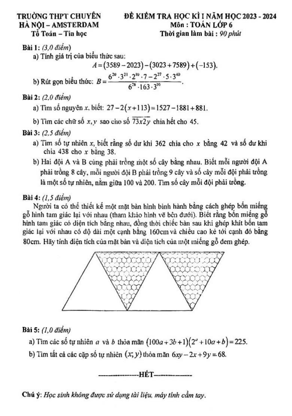 Đề học kì 1 Toán 6 năm 2023 – 2024 trường THPT chuyên Hà Nội – Amsterdam