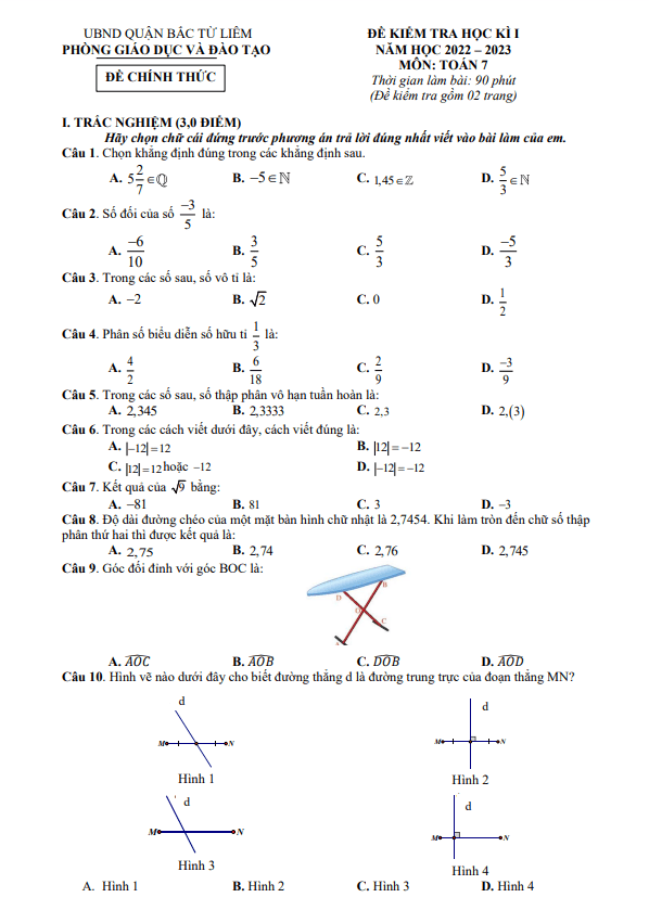 Đề học kì 1 Toán 7 năm 2022 – 2023 phòng GD&ĐT Bắc Từ Liêm – Hà Nội
