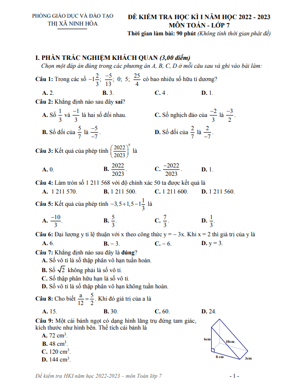 Đề học kì 1 Toán 7 năm 2022 – 2023 phòng GD&ĐT Ninh Hòa – Khánh Hòa