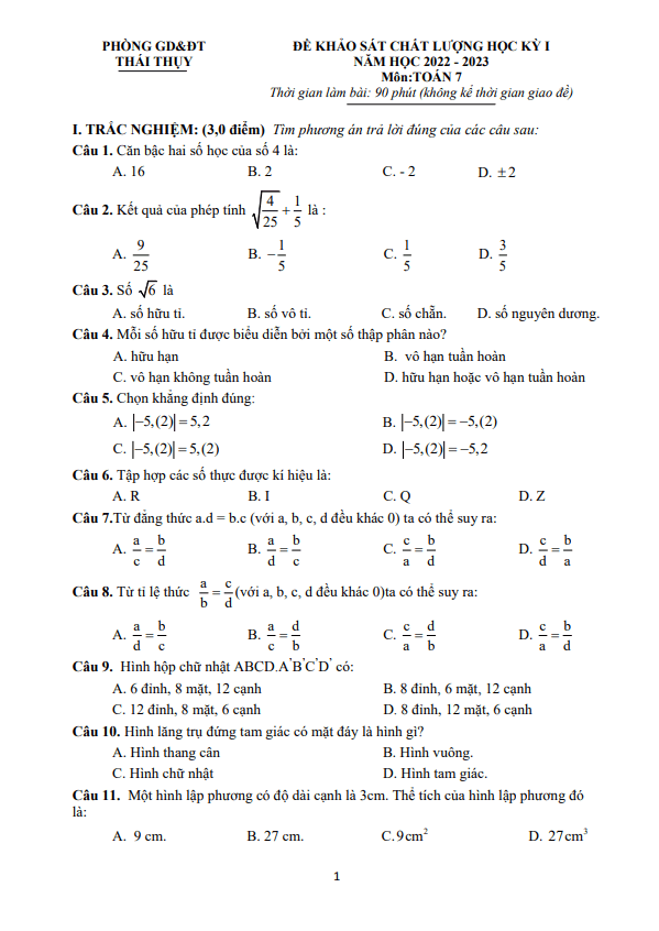 Đề học kì 1 Toán 7 năm 2022 – 2023 phòng GD&ĐT Thái Thụy – Thái Bình