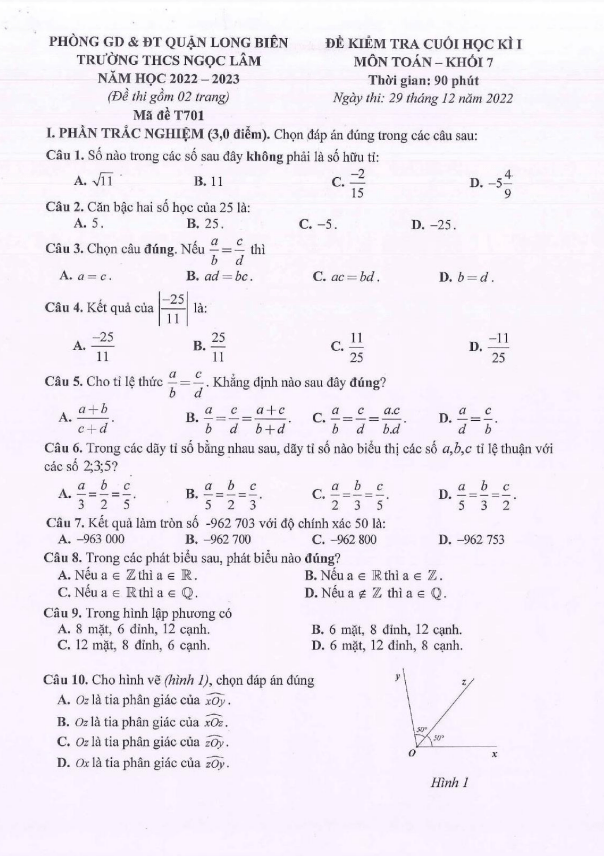 Đề học kì 1 Toán 7 năm 2022 – 2023 trường THCS Ngọc Lâm – Hà Nội