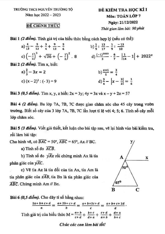 Đề học kì 1 Toán 7 năm 2022 – 2023 trường THCS Nguyễn Trường Tộ – Hà Nội