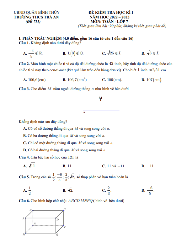 Đề học kì 1 Toán 7 năm 2022 – 2023 trường THCS Trà An – Cần Thơ