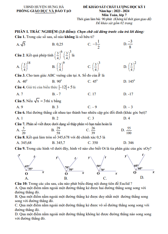 Đề học kì 1 Toán 7 năm 2023 – 2024 phòng GD&ĐT Hưng Hà – Thái Bình