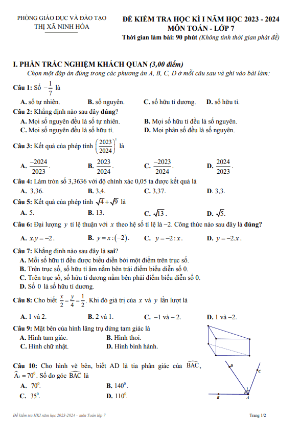 Đề học kì 1 Toán 7 năm 2023 – 2024 phòng GD&ĐT Ninh Hòa – Khánh Hòa