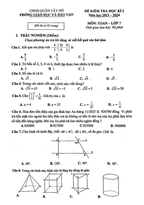 Đề học kì 1 Toán 7 năm 2023 – 2024 phòng GD&ĐT Tây Hồ – Hà Nội