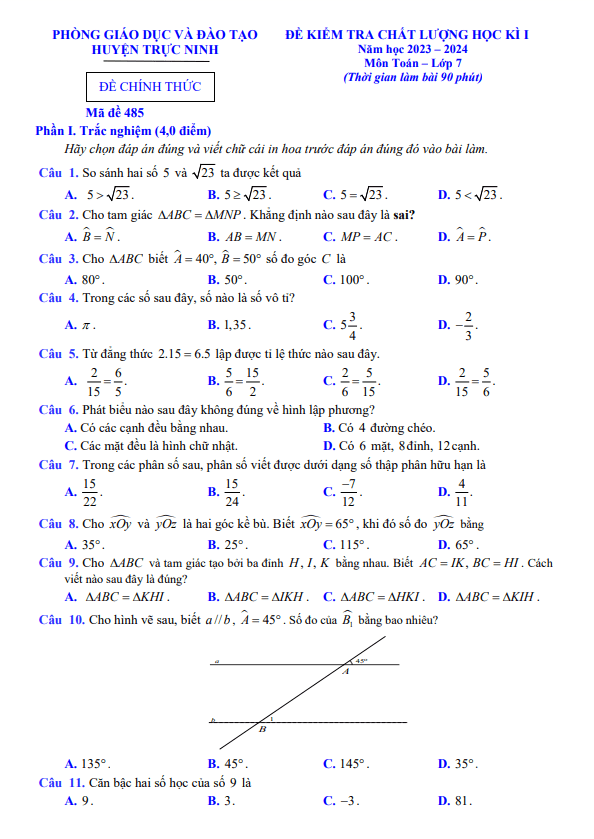 Đề học kì 1 Toán 7 năm 2023 – 2024 phòng GD&ĐT Trực Ninh – Nam Định