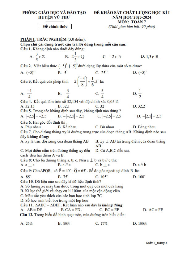 Đề học kì 1 Toán 7 năm 2023 – 2024 phòng GD&ĐT Vũ Thư – Thái Bình
