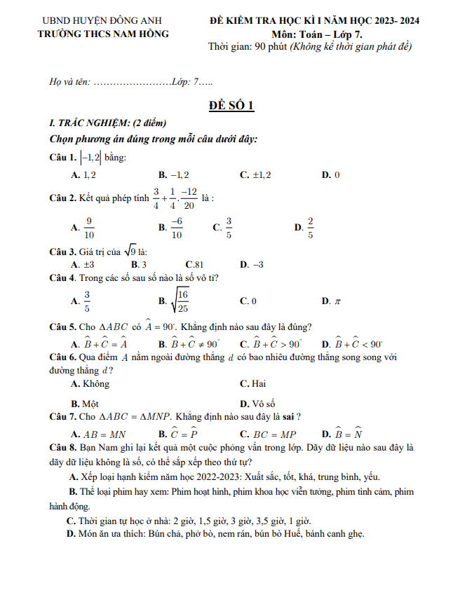 Đề học kì 1 Toán 7 năm 2023 – 2024 trường THCS Nam Hồng – Hà Nội