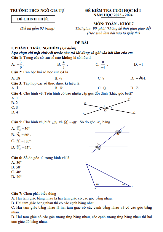Đề học kì 1 Toán 7 năm 2023 – 2024 trường THCS Ngô Gia Tự – Hải Phòng