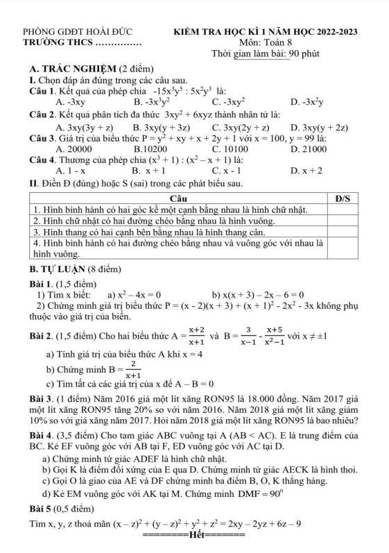 Đề học kì 1 Toán 8 năm 2022 – 2023 phòng GD&ĐT Hoài Đức – Hà Nội