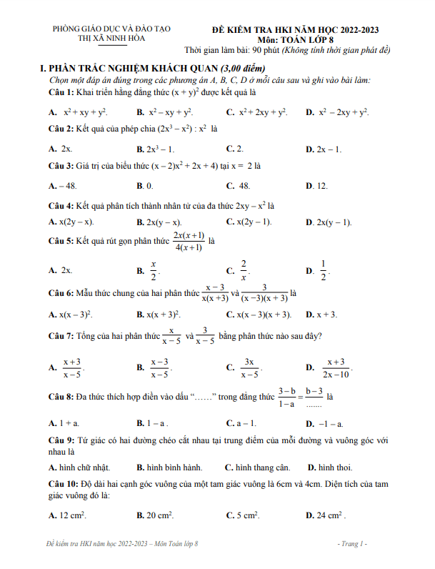 Đề học kì 1 Toán 8 năm 2022 – 2023 phòng GD&ĐT Ninh Hòa – Khánh Hòa