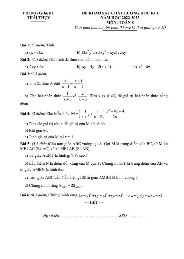Đề học kì 1 Toán 8 năm 2022 – 2023 phòng GD&ĐT Thái Thụy – Thái Bình