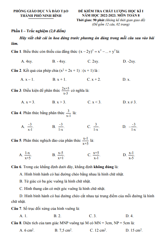 Đề học kì 1 Toán 8 năm 2022 – 2023 phòng GD&ĐT thành phố Ninh Bình