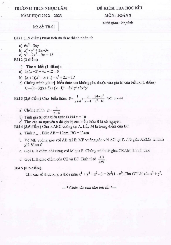 Đề học kì 1 Toán 8 năm 2022 – 2023 trường THCS Ngọc Lâm – Hà Nội