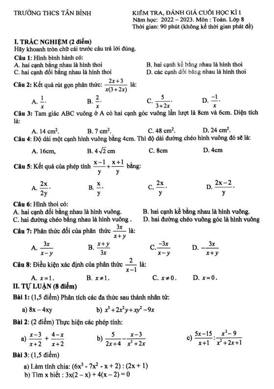 Đề học kì 1 Toán 8 năm 2022 – 2023 trường THCS Tân Bình – TP HCM