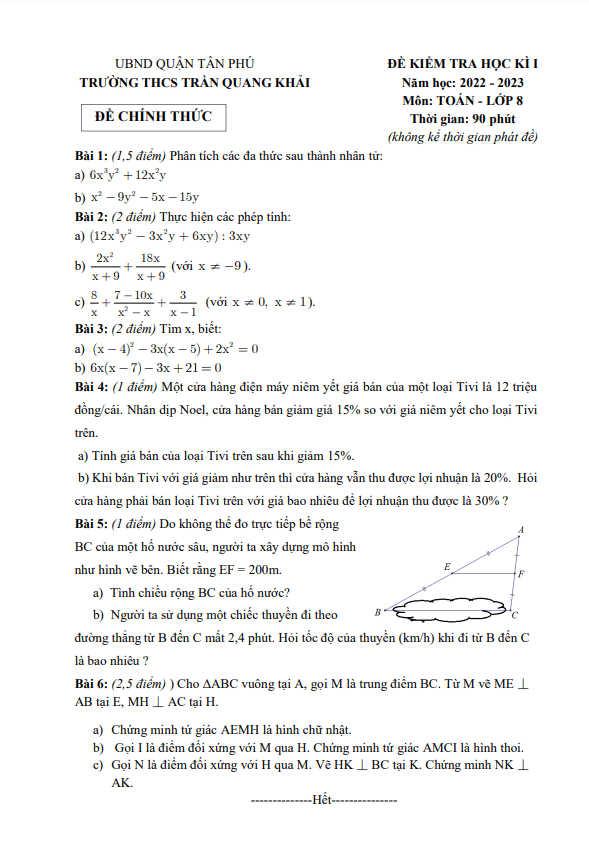 Đề học kì 1 Toán 8 năm 2022 – 2023 trường THCS Trần Quang Khải – TP HCM