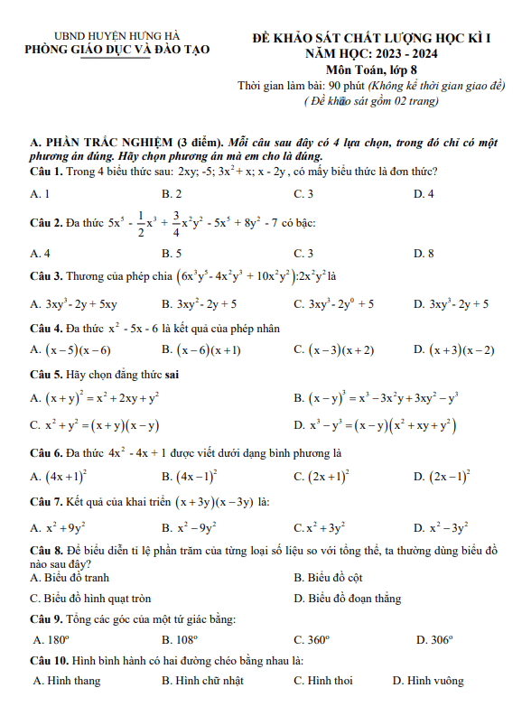 Đề học kì 1 Toán 8 năm 2023 – 2024 phòng GD&ĐT Hưng Hà – Thái Bình