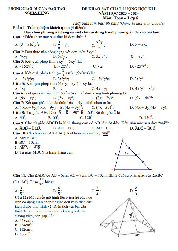 Đề học kì 1 Toán 8 năm 2023 – 2024 phòng GD&ĐT Nghĩa Hưng – Nam Định