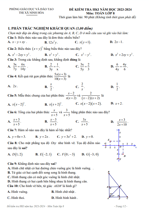 Đề học kì 1 Toán 8 năm 2023 – 2024 phòng GD&ĐT Ninh Hòa – Khánh Hòa