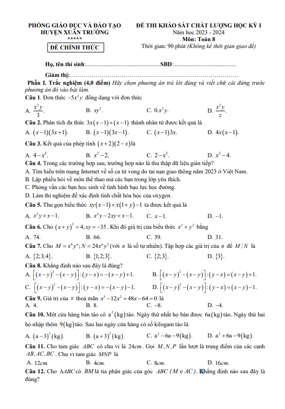 Đề học kì 1 Toán 8 năm 2023 – 2024 phòng GD&ĐT Xuân Trường – Nam Định