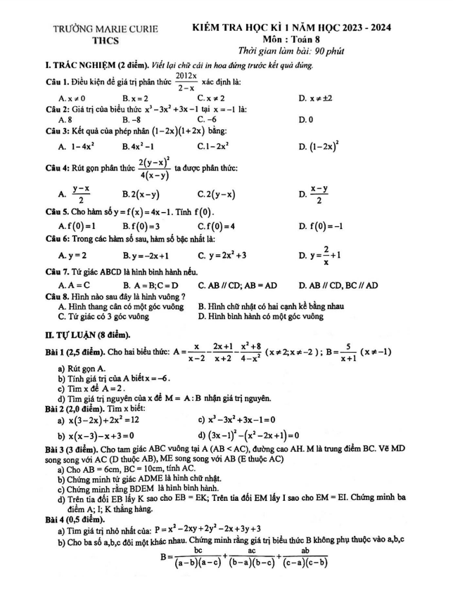 Đề học kì 1 Toán 8 năm 2023 – 2024 trường Marie Curie – Hà Nội