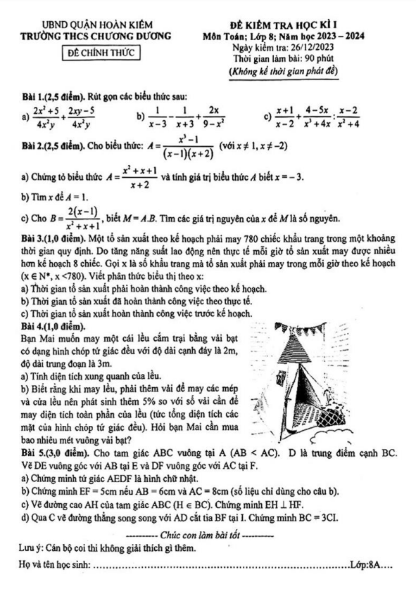 Đề học kì 1 Toán 8 năm 2023 – 2024 trường THCS Chương Dương – Hà Nội
