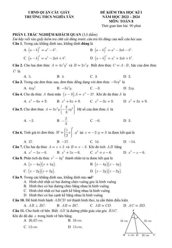 Đề học kì 1 Toán 8 năm 2023 – 2024 trường THCS Nghĩa Tân – Hà Nội