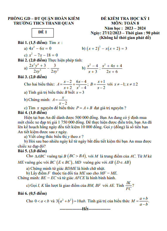 Đề học kì 1 Toán 8 năm 2023 – 2024 trường THCS Thanh Quan – Hà Nội