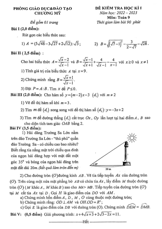 Đề học kì 1 Toán 9 năm 2022 – 2023 phòng GD&ĐT Chương Mỹ – Hà Nội