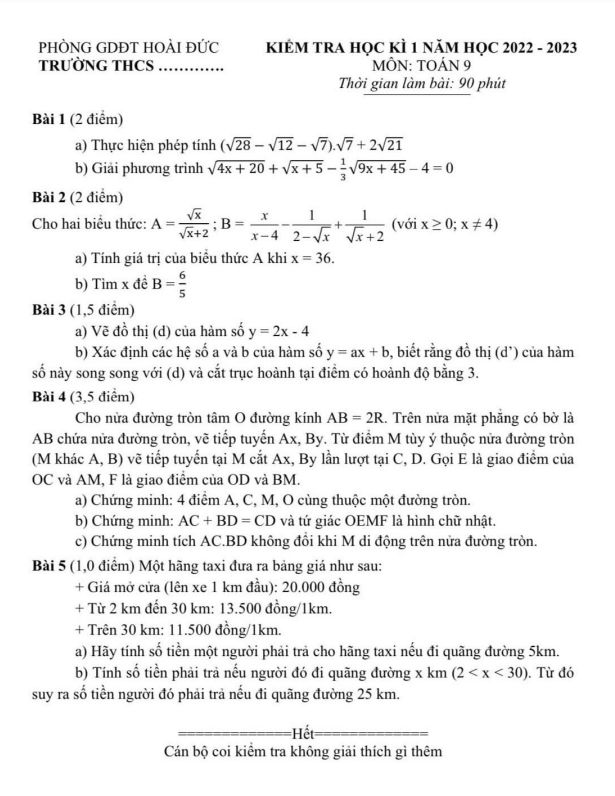 Đề học kì 1 Toán 9 năm 2022 – 2023 phòng GD&ĐT Hoài Đức – Hà Nội